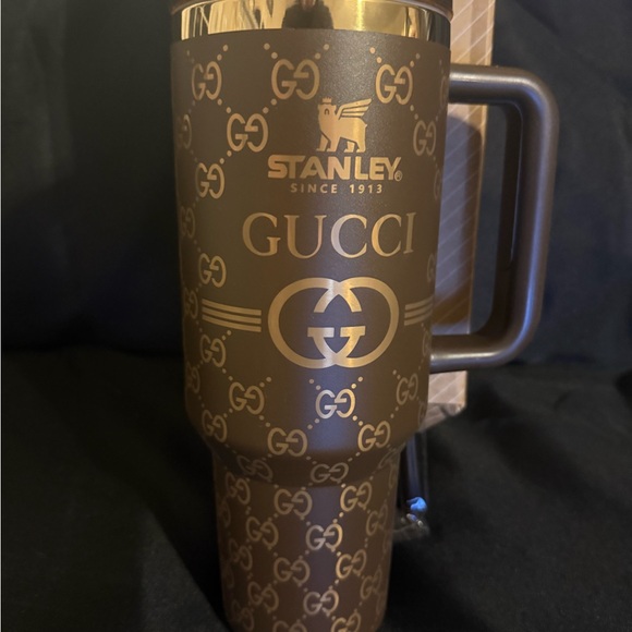 New Stanley 40oz GucLaserci Engraved Brown and Gold Tumbler w/ Brown Straw - Picture 2 of 8